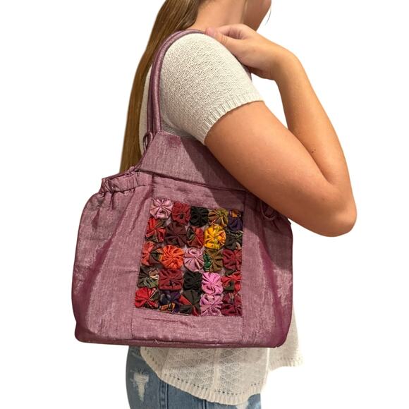Thai Silk Rosette Adorned Embellished Double Handle Satchel Shoulder Bag Purple - Picture 1 of 12